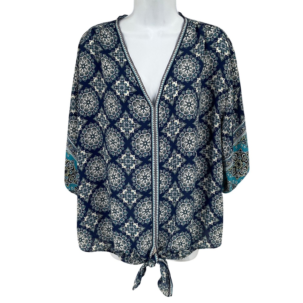 Max Studio Blouse Womens 1X Blue Medallion Tile Print Tie Front Boho V-Neck Top